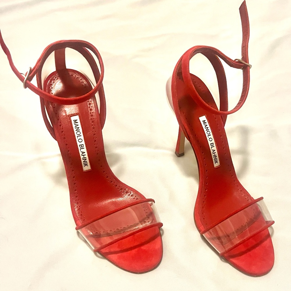 New! Manolo Blahnik Red Strappy Suede Heels - Size 37.5 - Picture 2 of 10